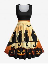 Robe Trapèze D'Halloween Vintage Citrouille Chat et Chauve-souris Imprimés de Grande Taille - Noir 1X