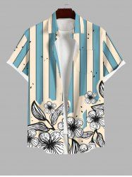 Plus Size Floral Geometric Striped Colorblock Print Hawaii Button Pocket Shirt For Men -  