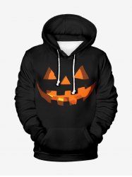 Plus Size Halloween Costume Pumpkin Face Print Pocket Drawstring Hoodie -  