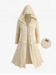 Plus Size Cable Knit Horn Buttons Pockets Hooded Coat -  