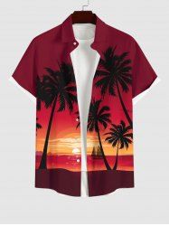 Plus Size Coconut Tree Sunset Sea Sailboat Ombre Print Buttons Pocket Hawaii Shirt For Men -  