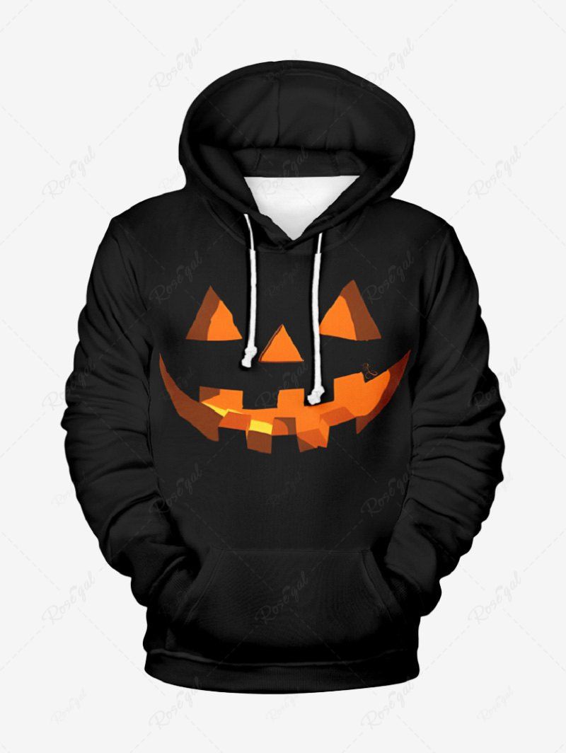 Chic Plus Size Halloween Costume Pumpkin Face Print Pocket Drawstring Hoodie  