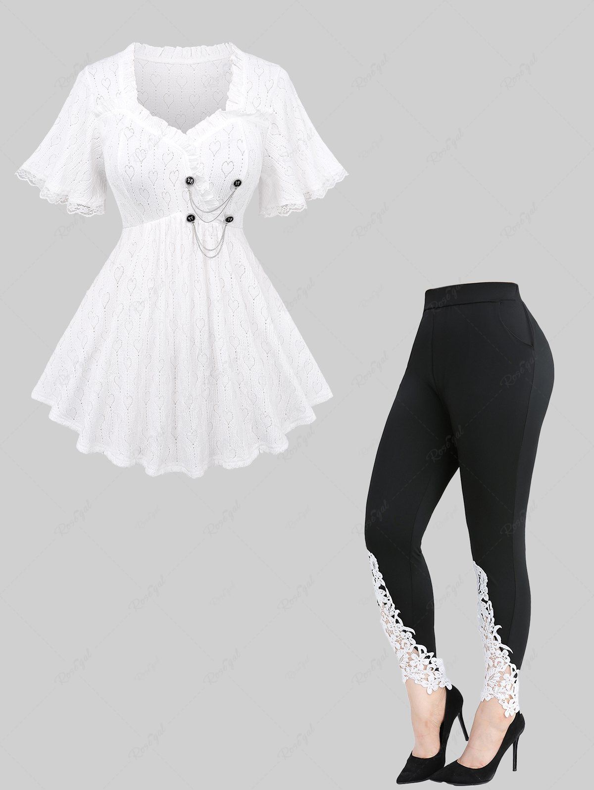 New Pointelle Hollow Out Heart Lace Trim Bowknot Button Top and Appliques Leggings Plus Size Outfit  