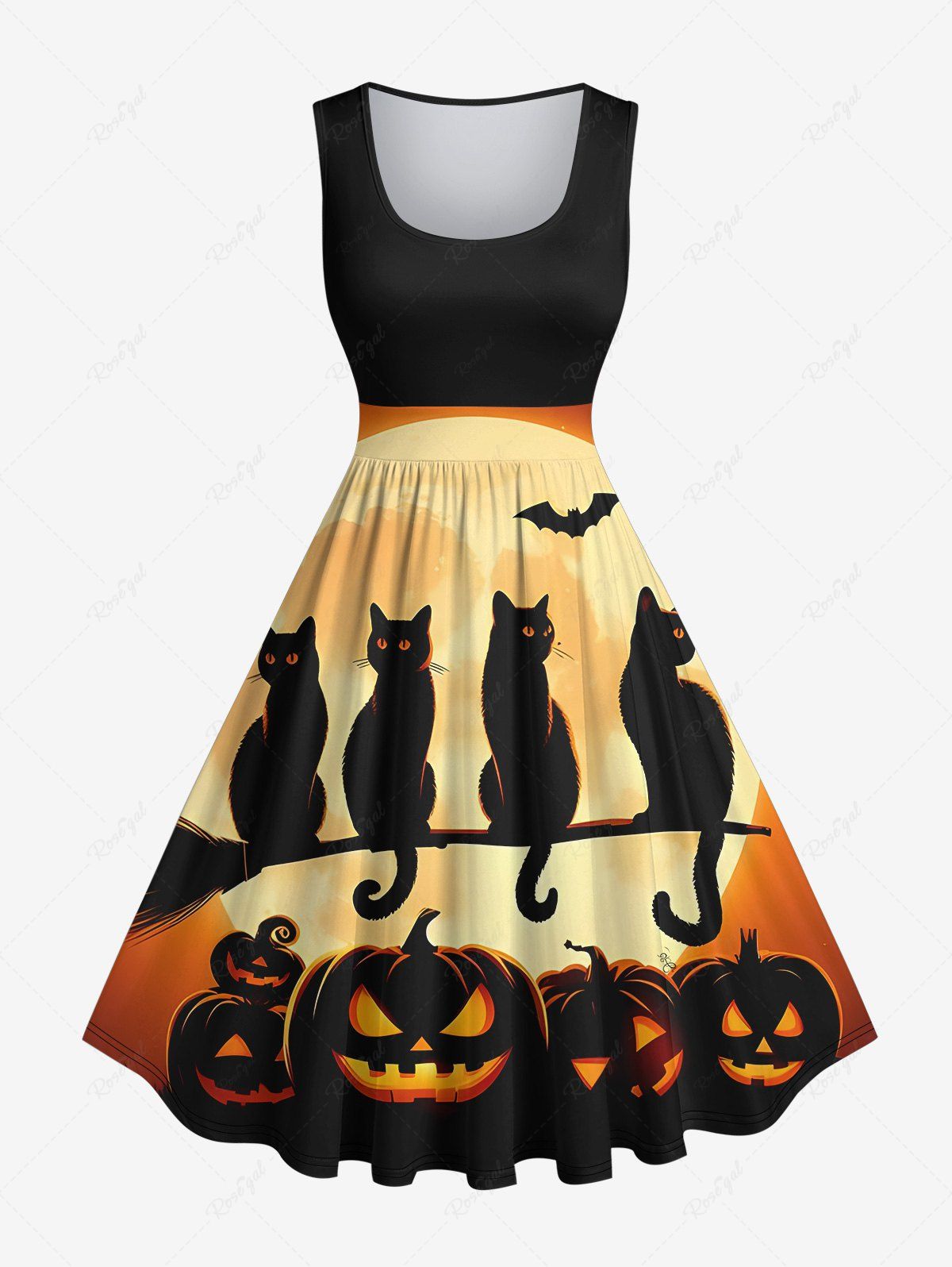 Robe Trapèze D'Halloween Vintage Citrouille Chat et Chauve-souris Imprimés de Grande Taille Noir 1X