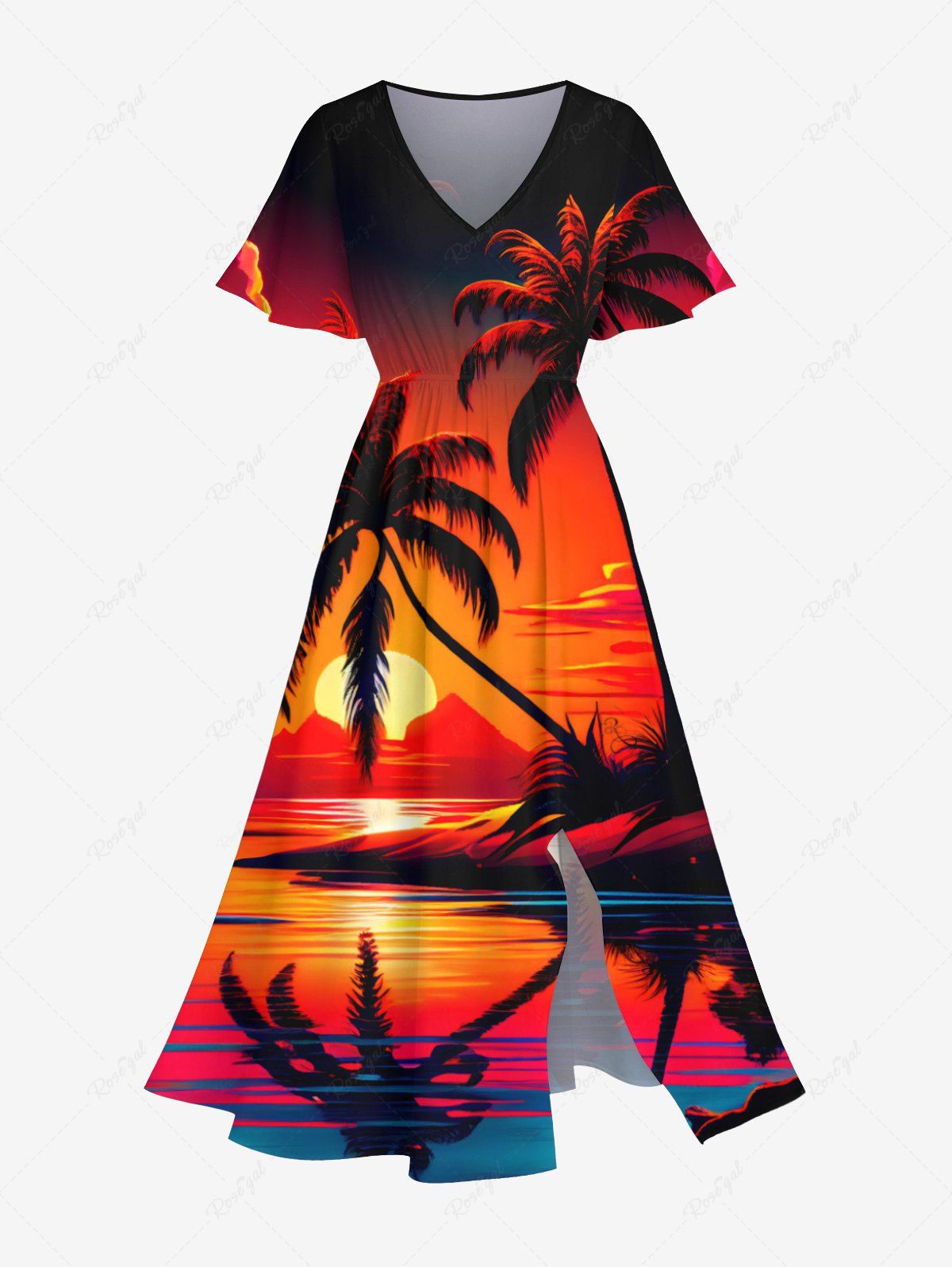 Latest Plus Size Coconut Tree Sunset Mountain Sea Cloud Print Split Hawaii Midi Dress  