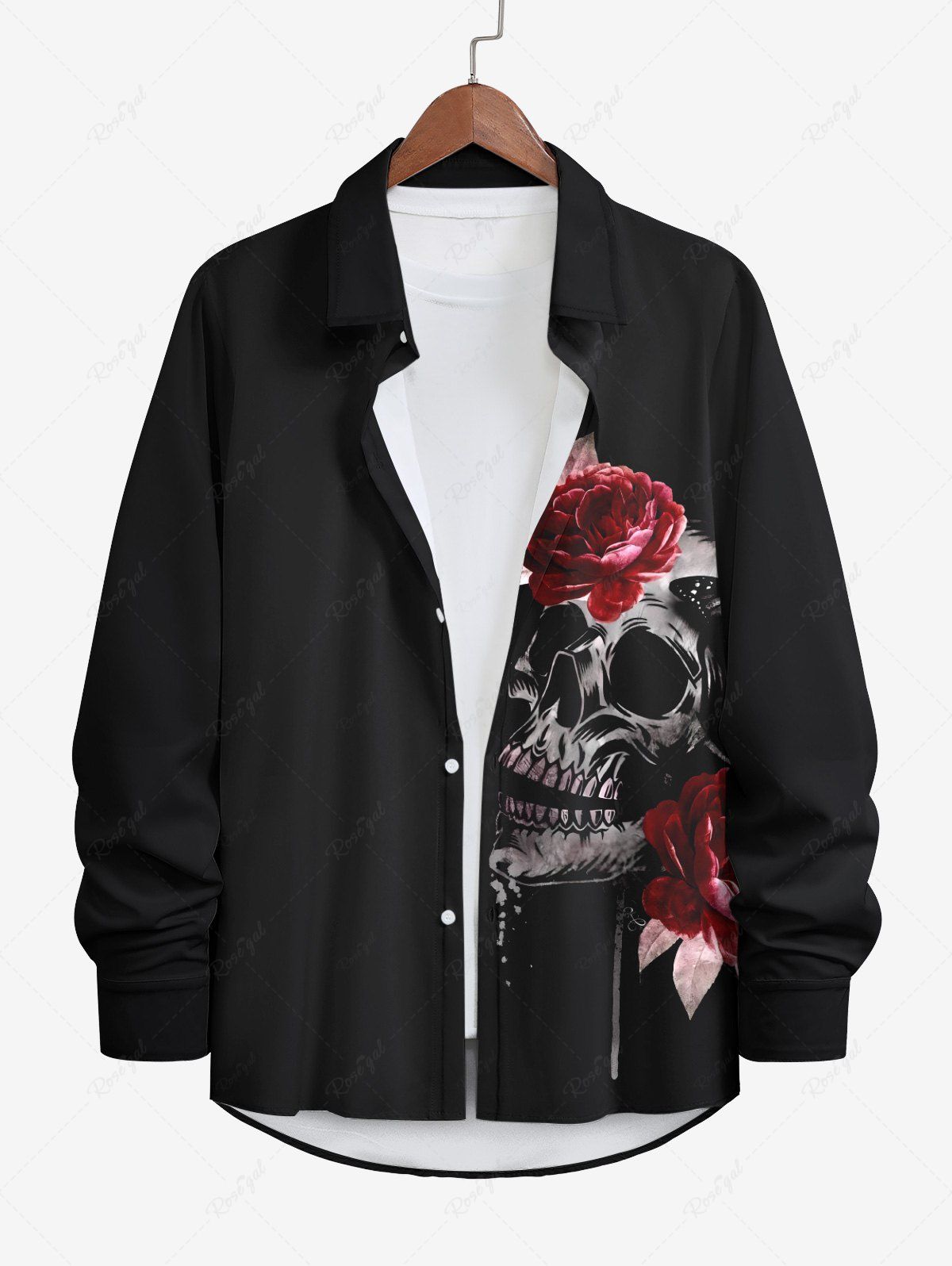 Chemise Costume D'Halloween Rose Papillon et Fleur Imprimés à Manches Longues de Grande Taille avec Boutons Noir 4XL