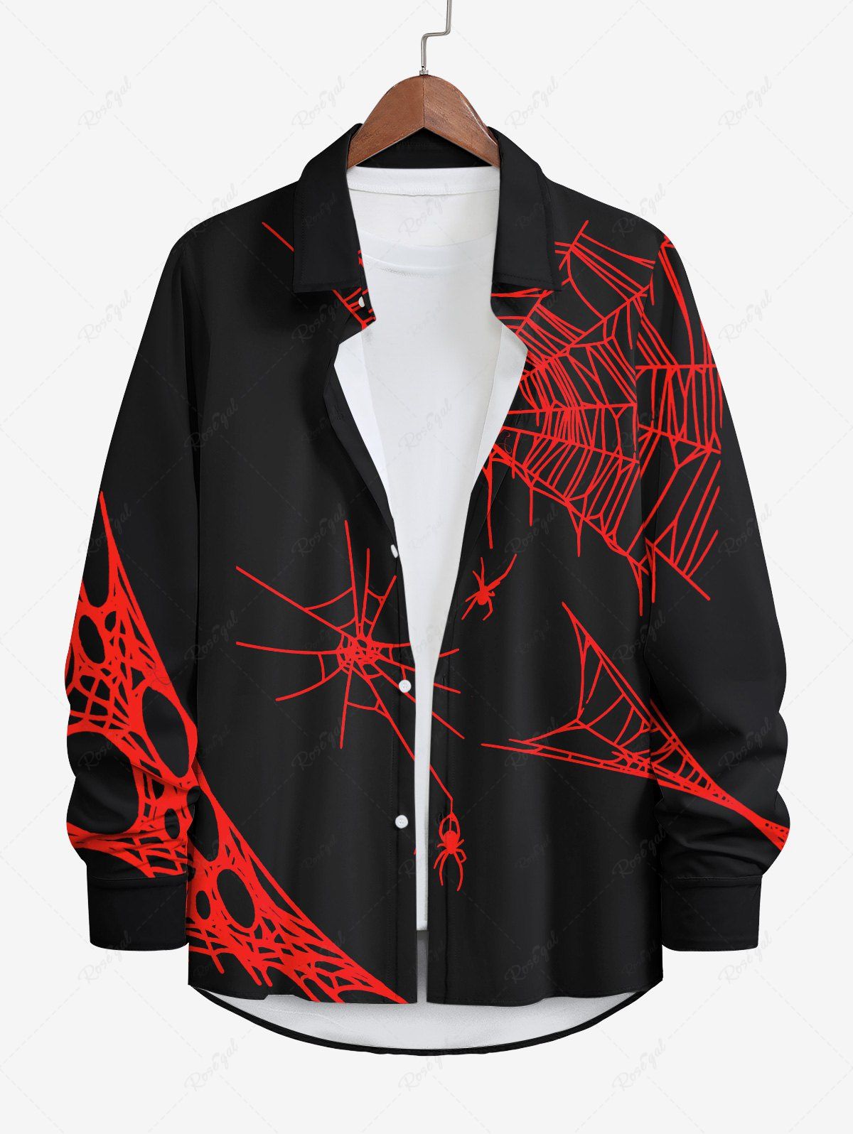 Store Plus Size Halloween Spider Web Insect Print Buttons Long Sleeve Shirt For Men  