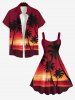 Plus Size Coconut Tree Sunset Sea Sailboat Ombre Print Hawaii Tank Dress -  