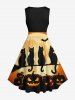 Robe Trapèze D'Halloween Vintage Citrouille Chat et Chauve-souris Imprimés de Grande Taille - Noir 1X