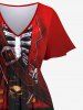 Robe Mi-Longue Bouclée 3D Crâne Pirate Imprimés en Blocs de Couleurs de Grande Taille - Rouge L
