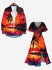 Plus Size Coconut Tree Sunset Mountain Sea Cloud Print Split Hawaii Midi Dress -  