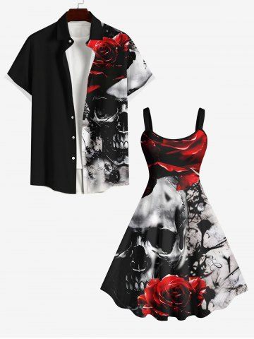 Halloween Costume Skull Rose Flower Ink Painting Print Plus Size Matching Set For Couples - BLACK