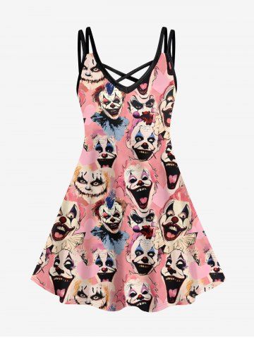 Plus Size Clown Print Halloween Costume Crisscross A Line Cami Dress - LIGHT PINK - M