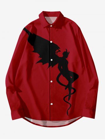 Plus Size Wizard Bat Two Tone Print Halloween Button Shirt For Men - RED - 5XL