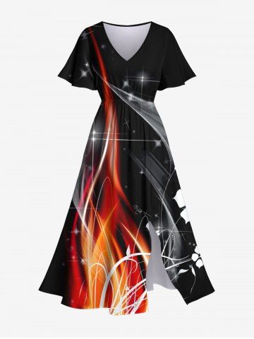 Plus Size Light Beam Floral Fire Flame Print Hawaii Split Pocket A Line Midi Dress - BLACK - M