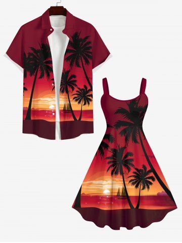 Coconut Tree Sunset Sea Sailboat Ombre Print Plus Size Matching Hawaii Beach Outfit For Couples - RED