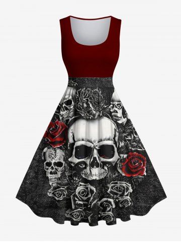 Plus Size Halloween Costume Skulls Rose Flower Print 1950s Vintage Dress - DEEP RED - 5X