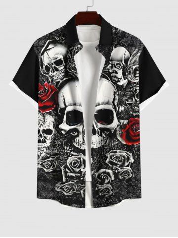 Plus Size Halloween Costume Skulls Rose Flower Print Buttons Pocket Shirt For Men - RED - S