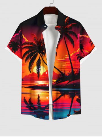 Plus Size Coconut Tree Sunset Sea Mountain Cloud Ombre Print Buttons Pocket Hawaii Shirt For Men - RED - S