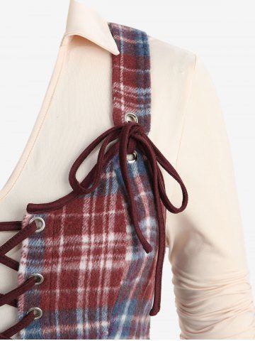 Plus Size Medieval Renaissance Plaid Grommets Lace Up Tie Pockets Layered Shirt Collar 2 In 1 Dress