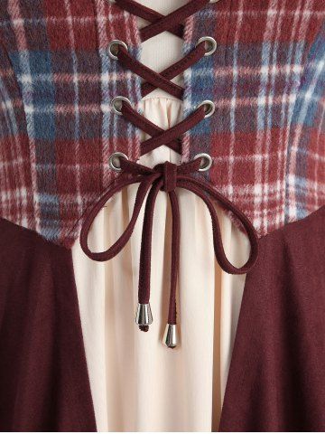 Plus Size Medieval Renaissance Plaid Grommets Lace Up Tie Pockets Layered Shirt Collar 2 In 1 Dress