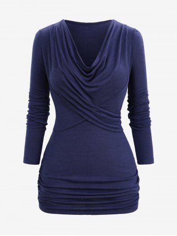 Plus Size Surplice Ruched Cowl Neck Long Sleeve Top - DEEP BLUE - 1X | US 14-16
