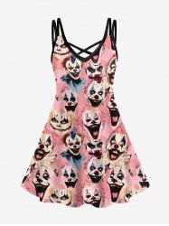 Plus Size Clown Print Halloween Costume Crisscross A Line Cami Dress -  