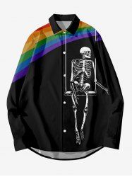 Plus Size Skeleton Swing Colorful Rainbow Print Halloween Button Shirt For Men -  