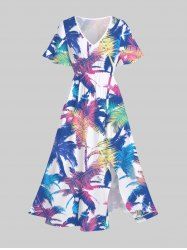 Plus Size Colorful Coconut Tree Tropical Print Split Hawaii Midi Dress -  