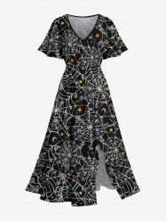 Robe D'Halloween Mi-Longue Fendue Lune et Toile D'Araignée Imprimées de Grande Taille - Noir XS