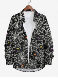 Chemise Halloween Toile D'Araignée Etoile Lune et Toile D'Araignée Imprimés à Manches Longues Grande Taille avec Boutons - Noir 6XL