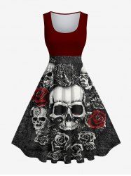 Robe Costume D'Halloween Vintage Crâne Fleur Imprimées de Grande Taille - Rouge foncé 5X