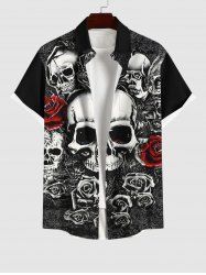 Plus Size Halloween Costume Skulls Rose Flower Print Buttons Pocket Shirt For Men -  