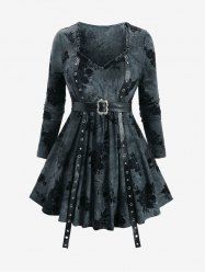 Plus Size Rose Flower Flocking Tie Dye PU Strap Star Rivet Grommet Long Sleeve Top with Removable Belt -  