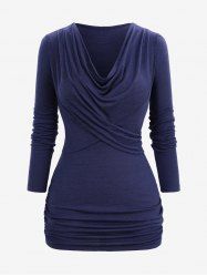 Haut à manches longues et col bénitier froncé grande taille - Bleu profond 1X | US 14-16