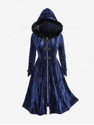 Manteau grande taille à fermeture éclair intégrale, boutons brandebourg, velours texturé pailleté, bordure en fourrure, capuche et manches longues - Bleu profond M | US 10