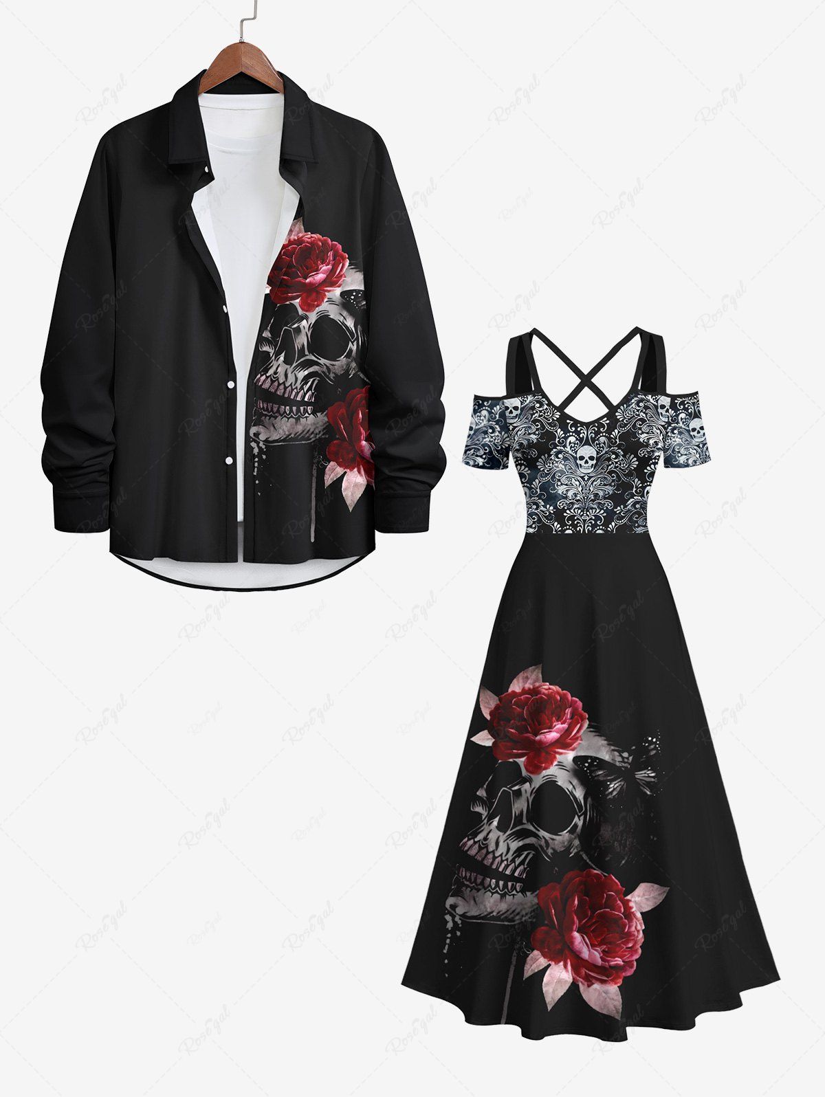 Hot Halloween Costume Skulls Rose Flower Print Plus Size Matching Outfit For Couples  