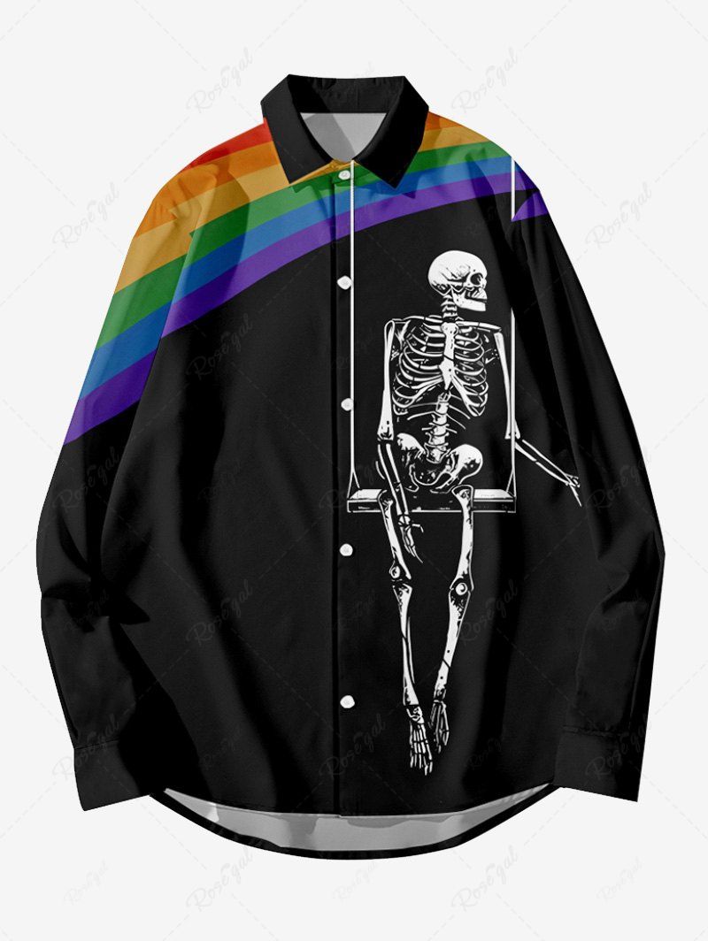 Outfits Plus Size Skeleton Swing Colorful Rainbow Print Halloween Button Shirt For Men  
