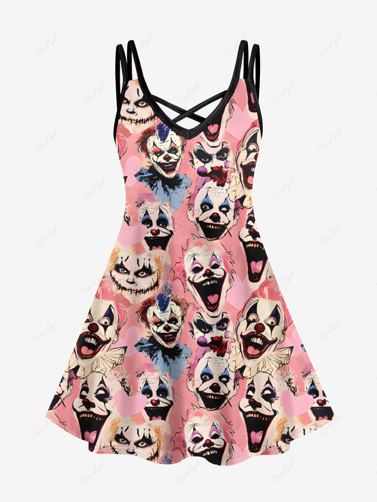 Fashion Plus Size Clown Print Halloween Costume Crisscross A Line Cami Dress  