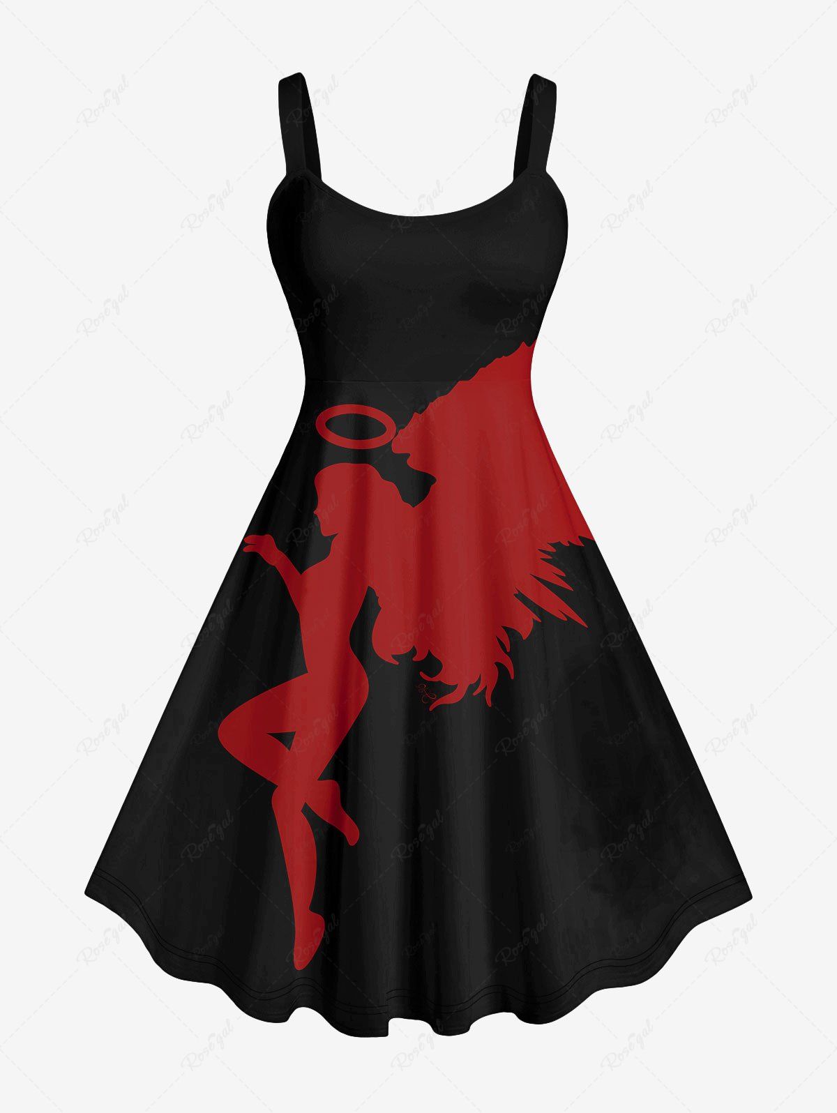 Robe D'Halloween Bicolore Aile D'Ange Imprimée de Grande Taille Noir 3X