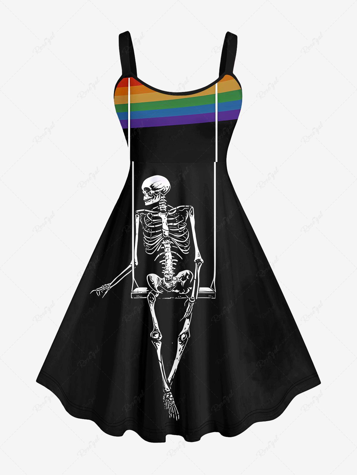 Unique Plus Size Skeleton Swing Colorful Rainbow Print Halloween Costume A Line Tank Dress  