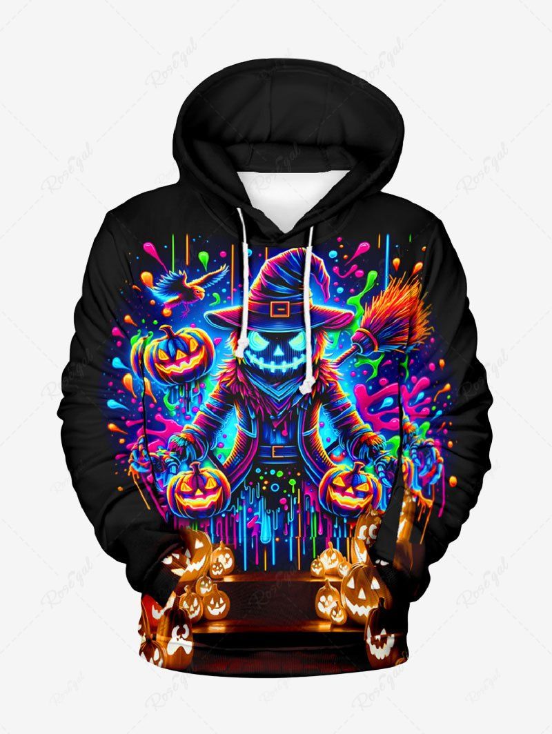 Fashion Plus Size Halloween Costume Hat Pumpkin Wizard Paint Splatter Print Drawstring Hoodie  