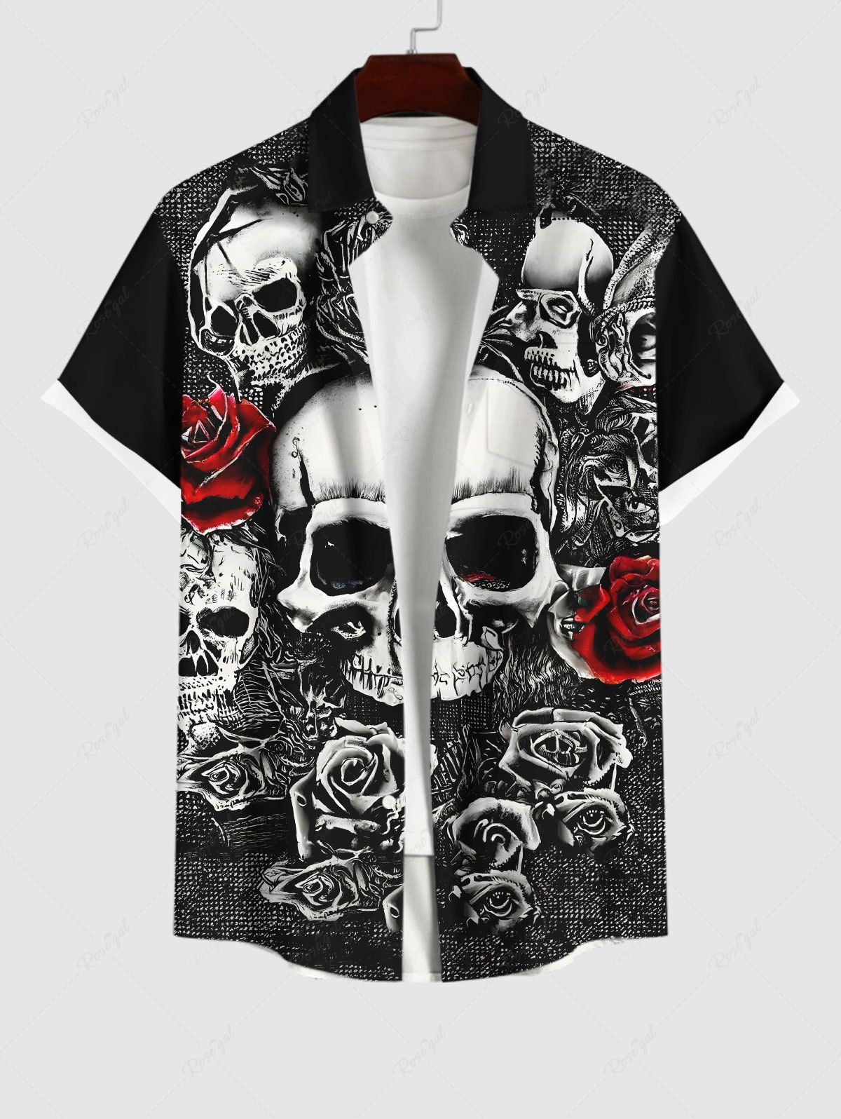 Best Plus Size Halloween Costume Skulls Rose Flower Print Buttons Pocket Shirt For Men  