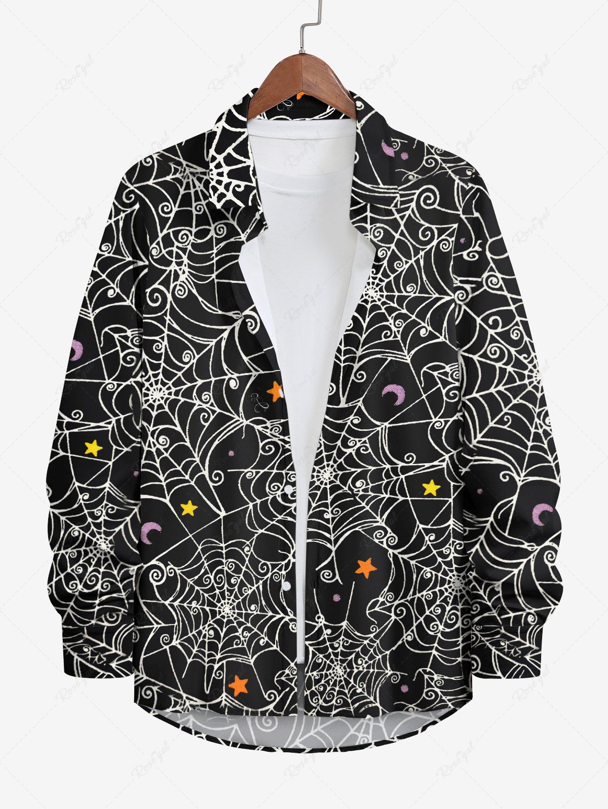 Latest Plus Size Halloween Costume Spider Web Moon Star Print Buttons Long Sleeve Shirt For Men  