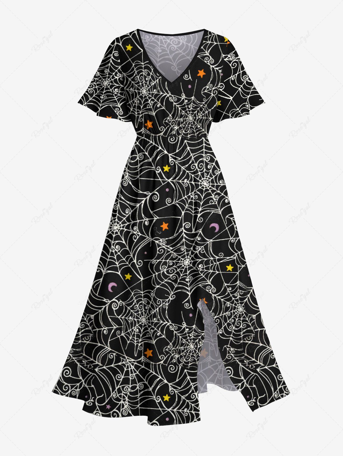 Robe D'Halloween Mi-Longue Fendue Lune et Toile D'Araignée Imprimées de Grande Taille Noir XS