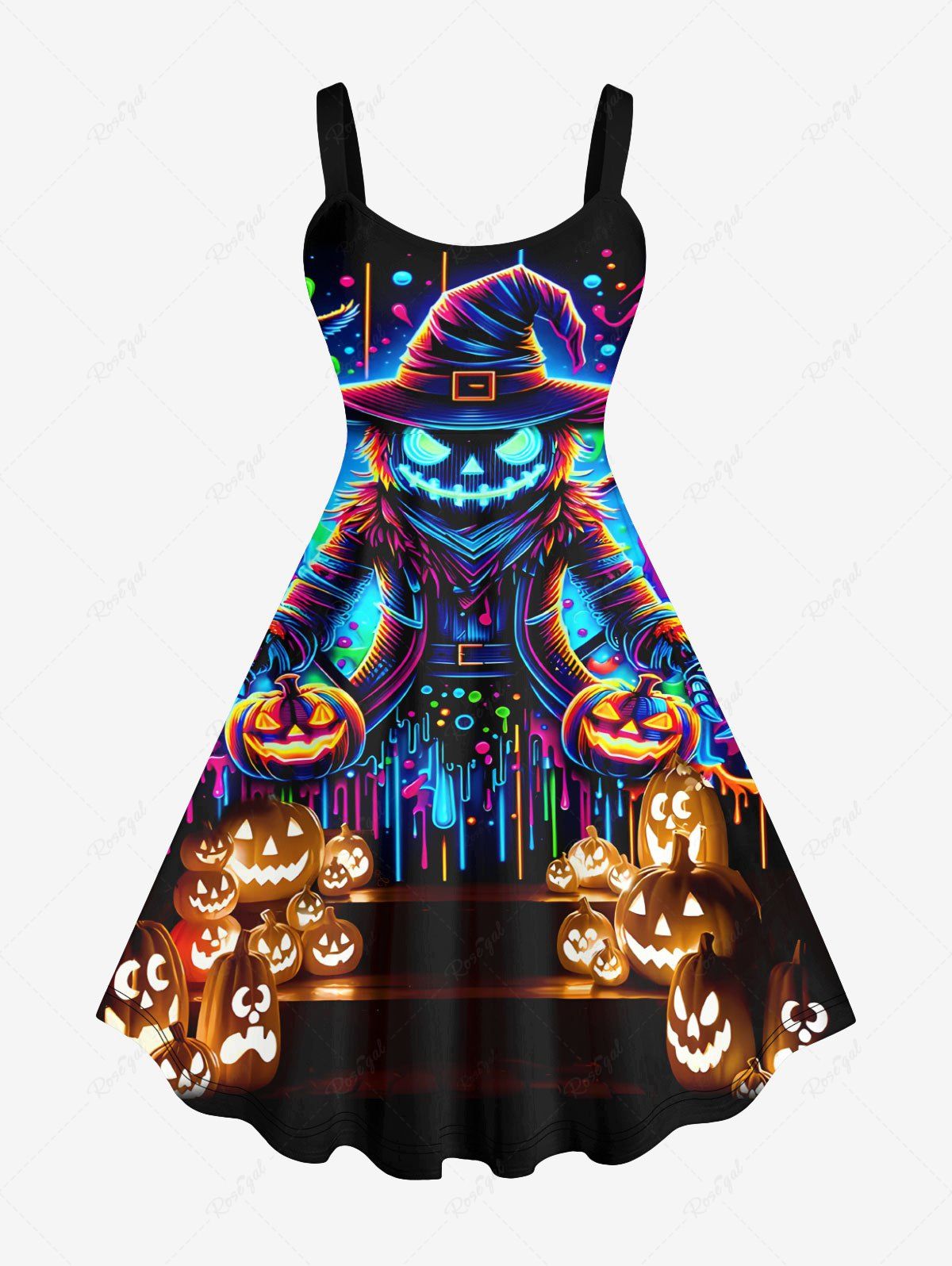 Robe D'Halloween Costume de Sorcier Citrouille Imprimée de Grande Taille Noir XS