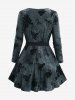 Plus Size Rose Flower Flocking Tie Dye PU Strap Star Rivet Grommet Long Sleeve Top with Removable Belt -  