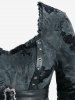 Plus Size Rose Flower Flocking Tie Dye PU Strap Star Rivet Grommet Long Sleeve Top with Removable Belt -  