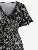 Robe D'Halloween Mi-Longue Fendue Lune et Toile D'Araignée Imprimées de Grande Taille - Noir 3X