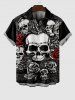 Plus Size Halloween Costume Skulls Rose Flower Print Buttons Pocket Shirt For Men -  